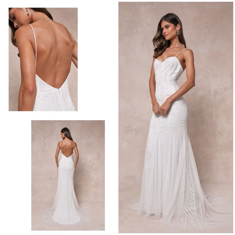 Lulus Radiant Presence Wedding Dress White Maxi Sequin Backless Size S NWT